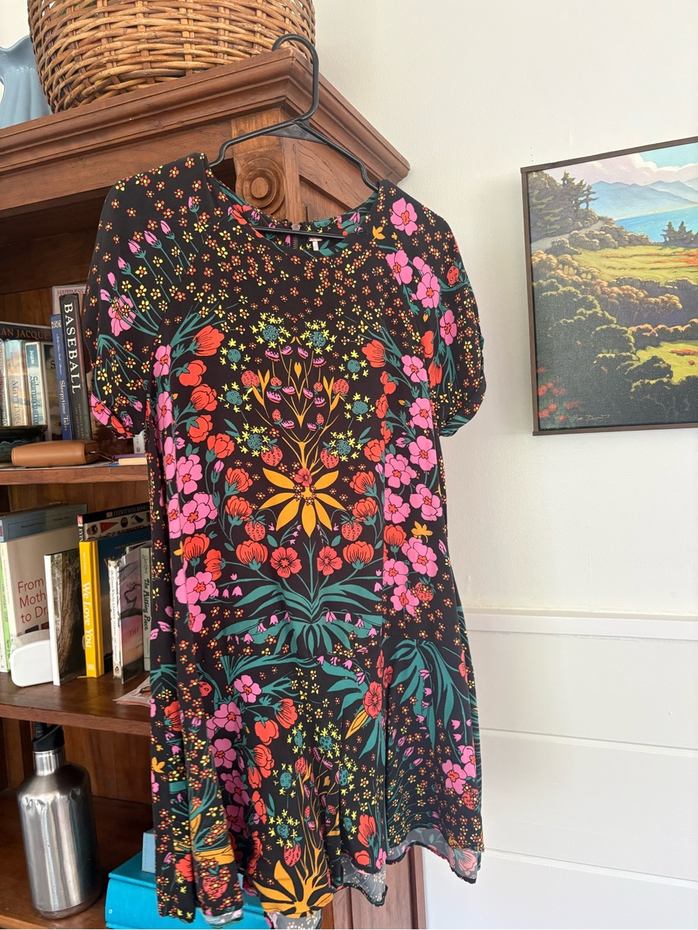 Floral Black Short-Sleeve Swing Dress